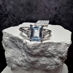 Natural Aquamarine Ring 1.85CT Emerald Cut with Moissanite & White Topaz Size 8